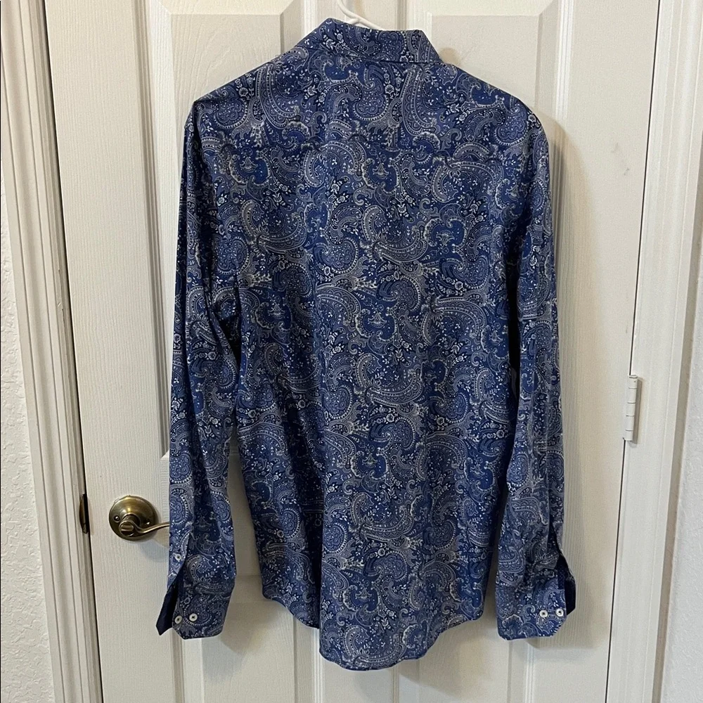 Bugatchi Blue and White Paisley Shaped Fit Men's Shirt - Picture 4 of 8
